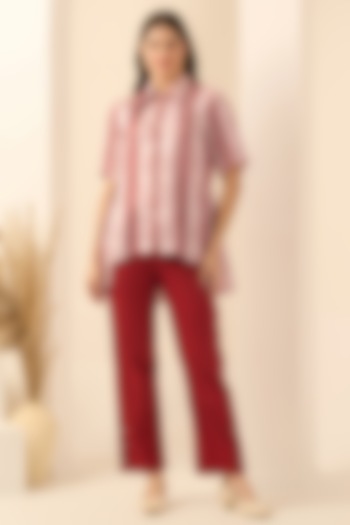 Red Cotton Satin & Linen Satin Hand Embroidered Pant Set by First Resort by Ramola Bachchan at Pernia's Pop Up Shop