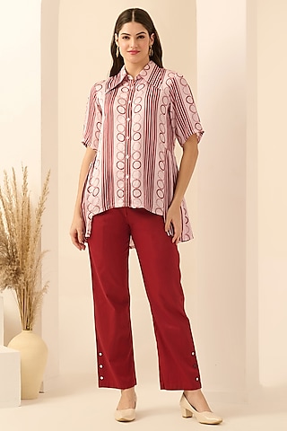 Red Cotton Satin & Linen Satin Hand Embroidered Pant Set by First Resort by Ramola Bachchan