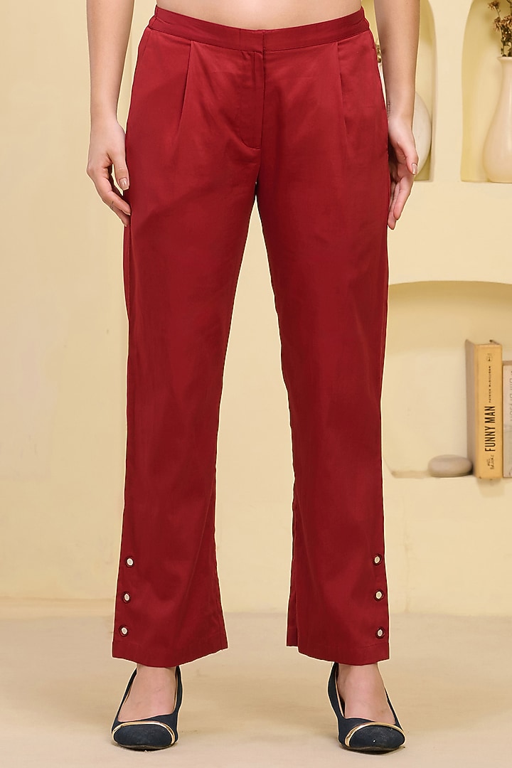 Red Cotton Satin & Linen Satin Hand Embroidered Pant Set by First Resort by Ramola Bachchan at Pernia's Pop Up Shop