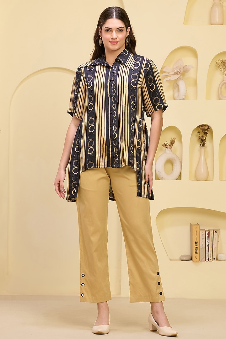 Golden Cotton Satin & Linen Satin Hand Embroidered Pant Set by First Resort by Ramola Bachchan at Pernia's Pop Up Shop