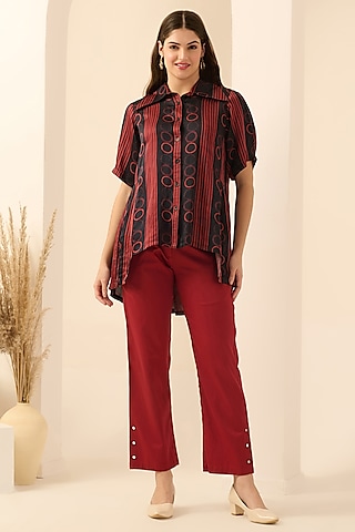Red Cotton Satin & Linen Satin Hand Embroidered Pant Set by First Resort by Ramola Bachchan