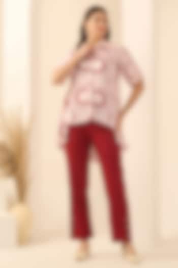 Red Cotton Satin & Linen Satin Hand Embroidered Pant Set by First Resort by Ramola Bachchan at Pernia's Pop Up Shop