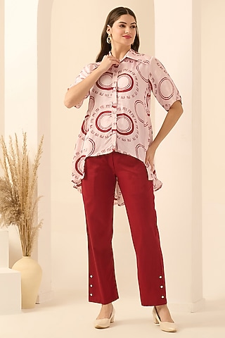 Red Cotton Satin & Linen Satin Hand Embroidered Pant Set by First Resort by Ramola Bachchan