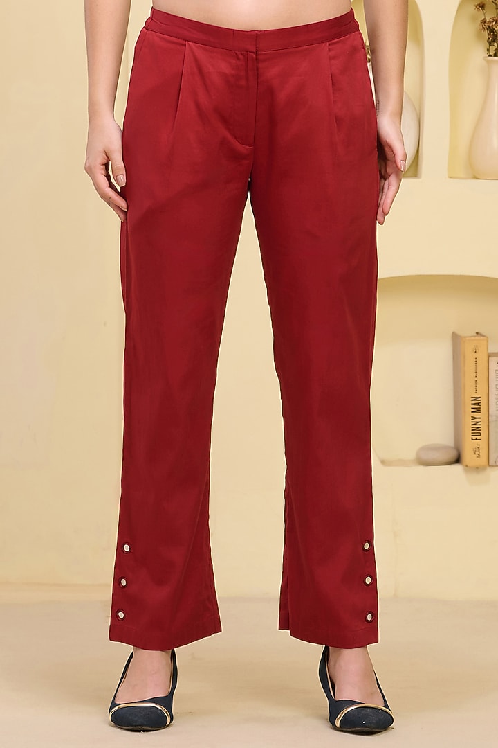 Red Cotton Satin & Linen Satin Hand Embroidered Pant Set by First Resort by Ramola Bachchan at Pernia's Pop Up Shop