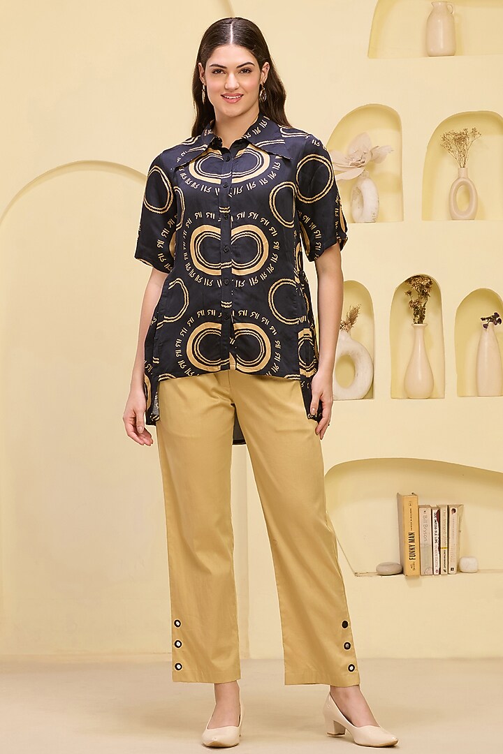 Golden Cotton Satin & Linen Satin Hand Embroidered Pant Set by First Resort by Ramola Bachchan at Pernia's Pop Up Shop