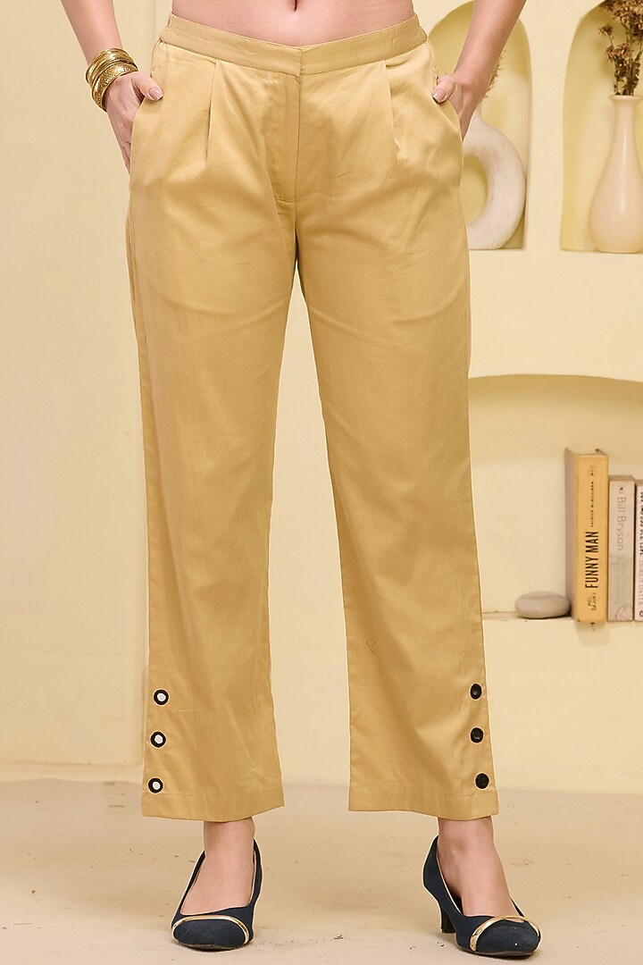 Golden Cotton Satin & Linen Satin Hand Embroidered Pant Set by First Resort by Ramola Bachchan at Pernia's Pop Up Shop