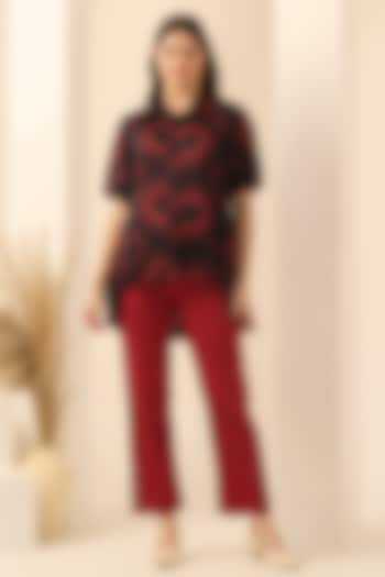 Red Cotton Satin & Linen Satin Hand Embroidered Pant Set by First Resort by Ramola Bachchan at Pernia's Pop Up Shop