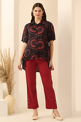 Red Cotton Satin & Linen Satin Hand Embroidered Pant Set by First Resort by Ramola Bachchan