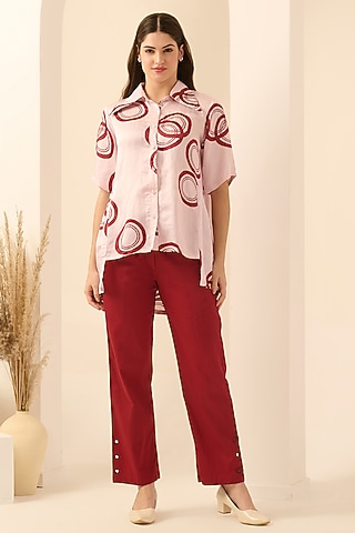 Red Cotton Satin & Linen Satin Hand Embroidered Pant Set by First Resort by Ramola Bachchan