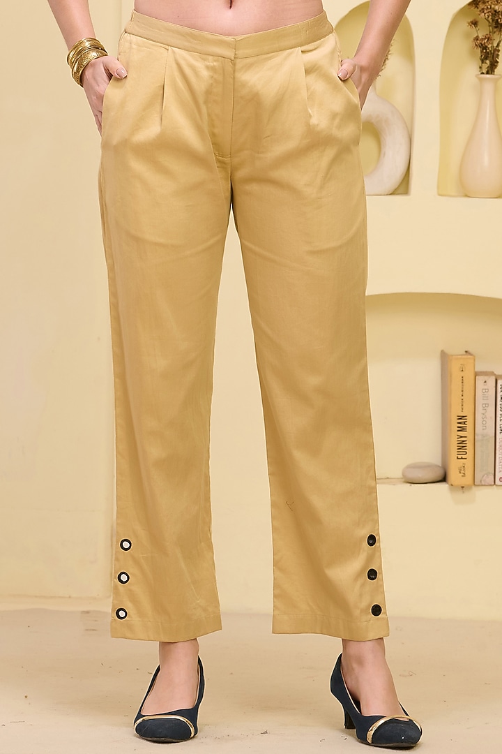 Golden Cotton Satin & Linen Satin Hand Embroidered Pant Set by First Resort by Ramola Bachchan at Pernia's Pop Up Shop