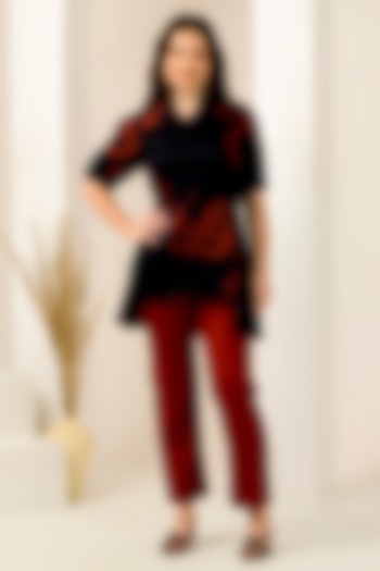 Red Cotton Satin & Linen Satin Hand Embroidered Pant Set by First Resort by Ramola Bachchan at Pernia's Pop Up Shop