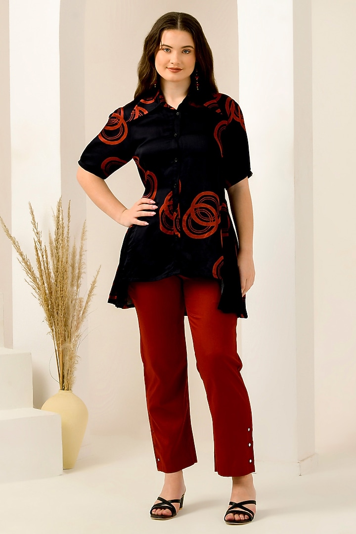 Red Cotton Satin & Linen Satin Hand Embroidered Pant Set by First Resort by Ramola Bachchan at Pernia's Pop Up Shop