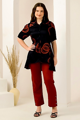 Red Cotton Satin & Linen Satin Hand Embroidered Pant Set by First Resort by Ramola Bachchan