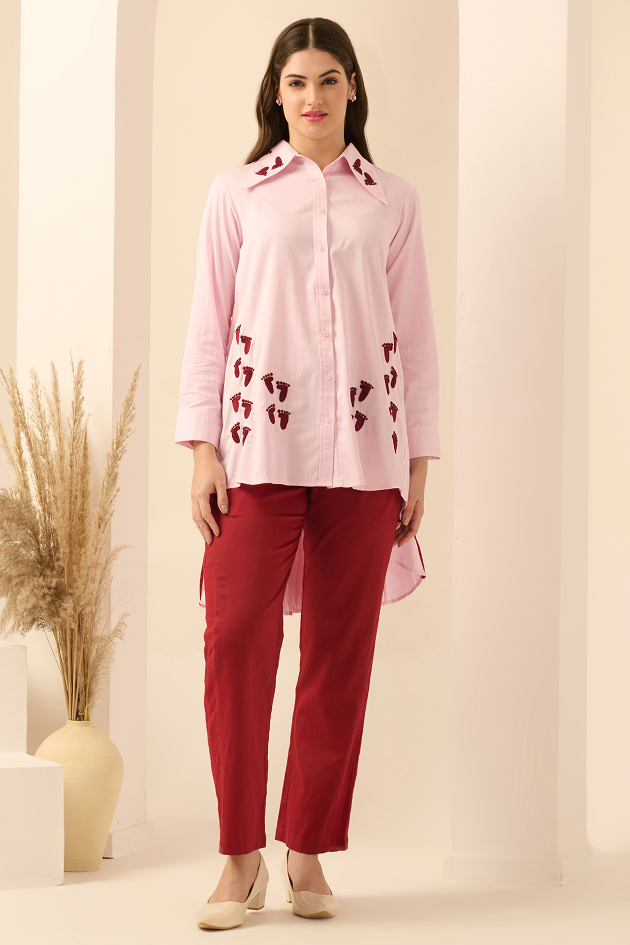 Red Cotton Satin & Banana Crepe Pant Set by First Resort by Ramola Bachchan at Pernia's Pop Up Shop