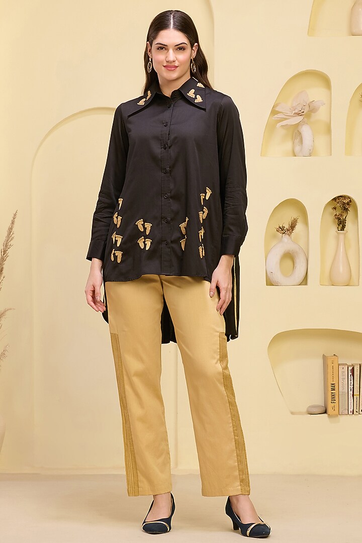 Golden Cotton Satin & Banana Crepe Pant Set by First Resort by Ramola Bachchan at Pernia's Pop Up Shop