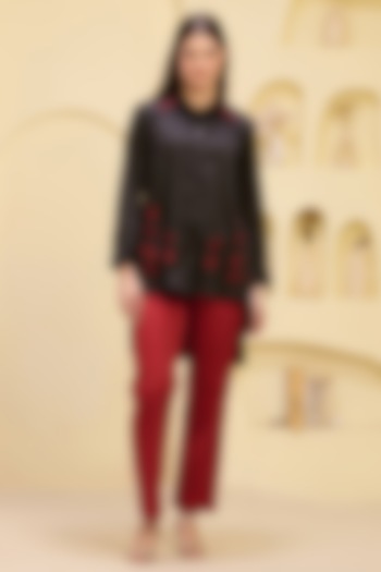 Red Cotton Satin & Banana Crepe Pant Set by First Resort by Ramola Bachchan at Pernia's Pop Up Shop