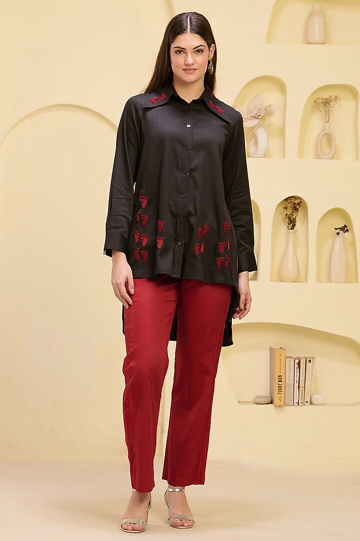 Red Cotton Satin & Banana Crepe Pant Set by First Resort by Ramola Bachchan at Pernia's Pop Up Shop