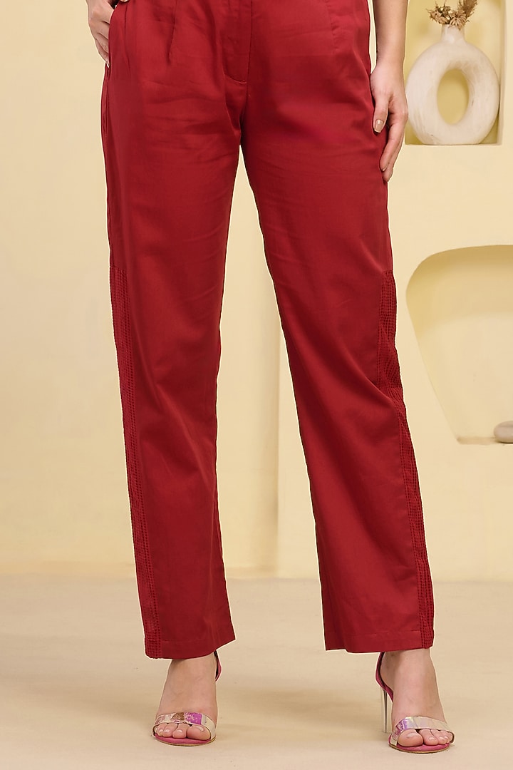 Red Cotton Satin & Banana Crepe Pant Set by First Resort by Ramola Bachchan at Pernia's Pop Up Shop