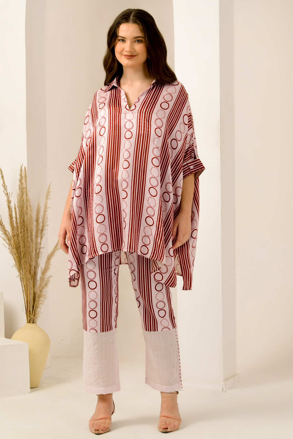 Blush Pink & Red Linen Satin Stripe Printed Kaftan Set by First Resort by Ramola Bachchan at Pernia's Pop Up Shop