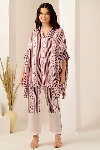 Blush Pink & Red Linen Satin Stripe Printed Kaftan Set by First Resort by Ramola Bachchan