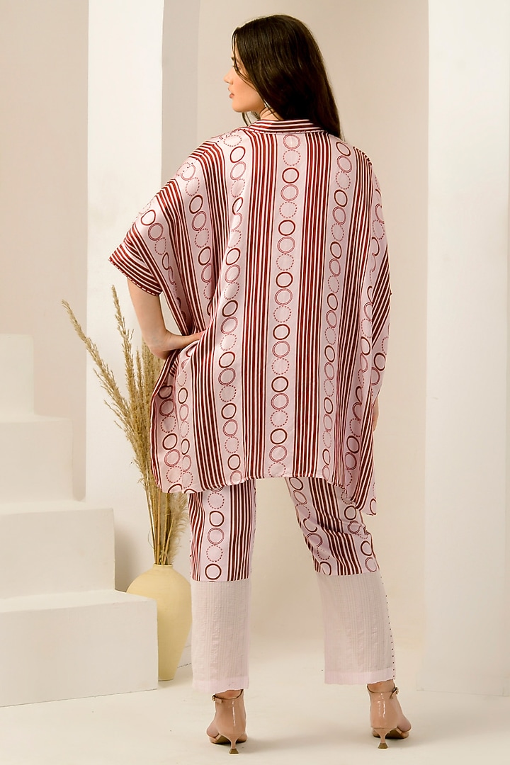 Blush Pink & Red Linen Satin Stripe Printed Kaftan Set by First Resort by Ramola Bachchan at Pernia's Pop Up Shop