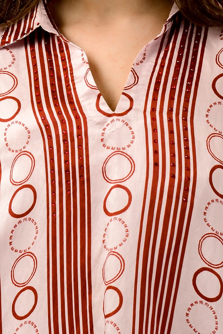 Blush Pink & Red Linen Satin Stripe Printed Kaftan Set by First Resort by Ramola Bachchan at Pernia's Pop Up Shop