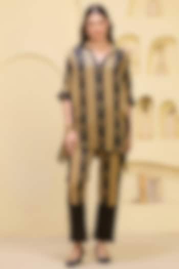 Black & Golden Linen Satin Striped Co-Ord Set by First Resort by Ramola Bachchan at Pernia's Pop Up Shop