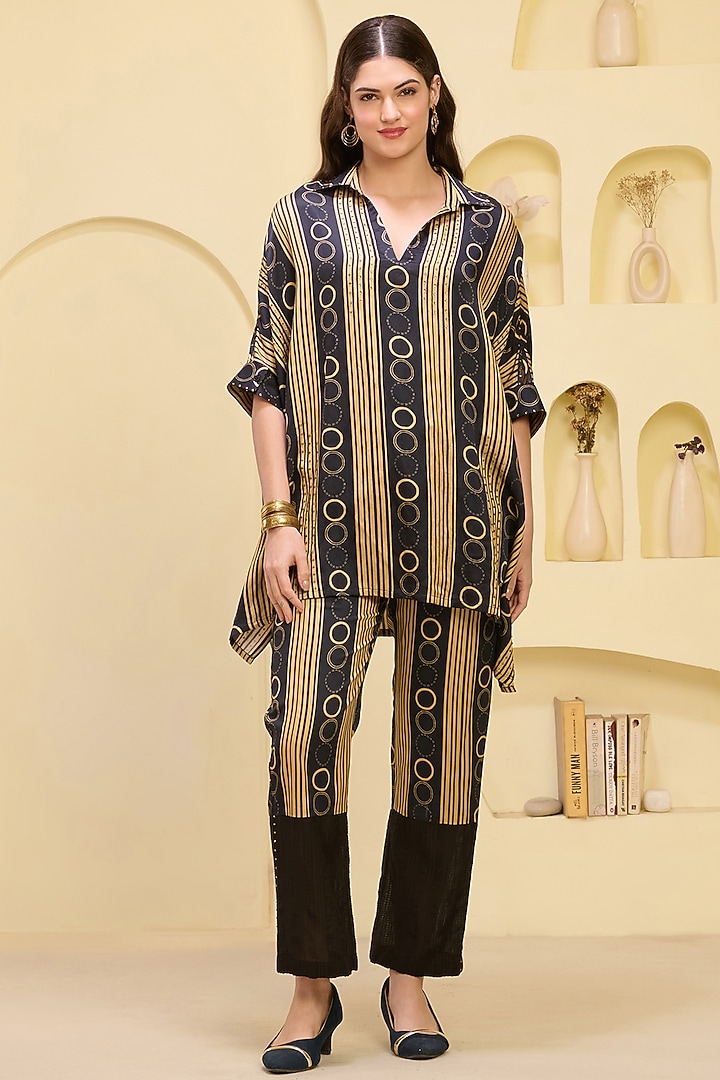 Black & Golden Linen Satin Striped Co-Ord Set by First Resort by Ramola Bachchan at Pernia's Pop Up Shop