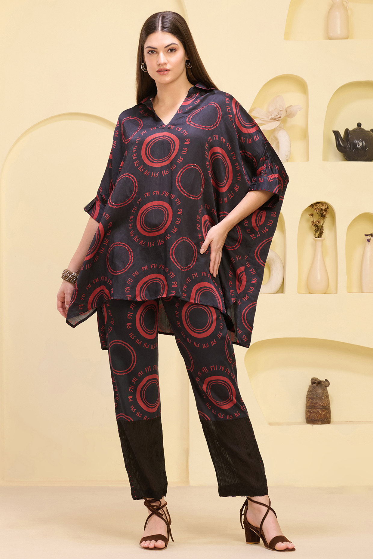 Black & Red Linen Satin Printed Co-Ord Set by First Resort by Ramola Bachchan at Pernia's Pop Up Shop