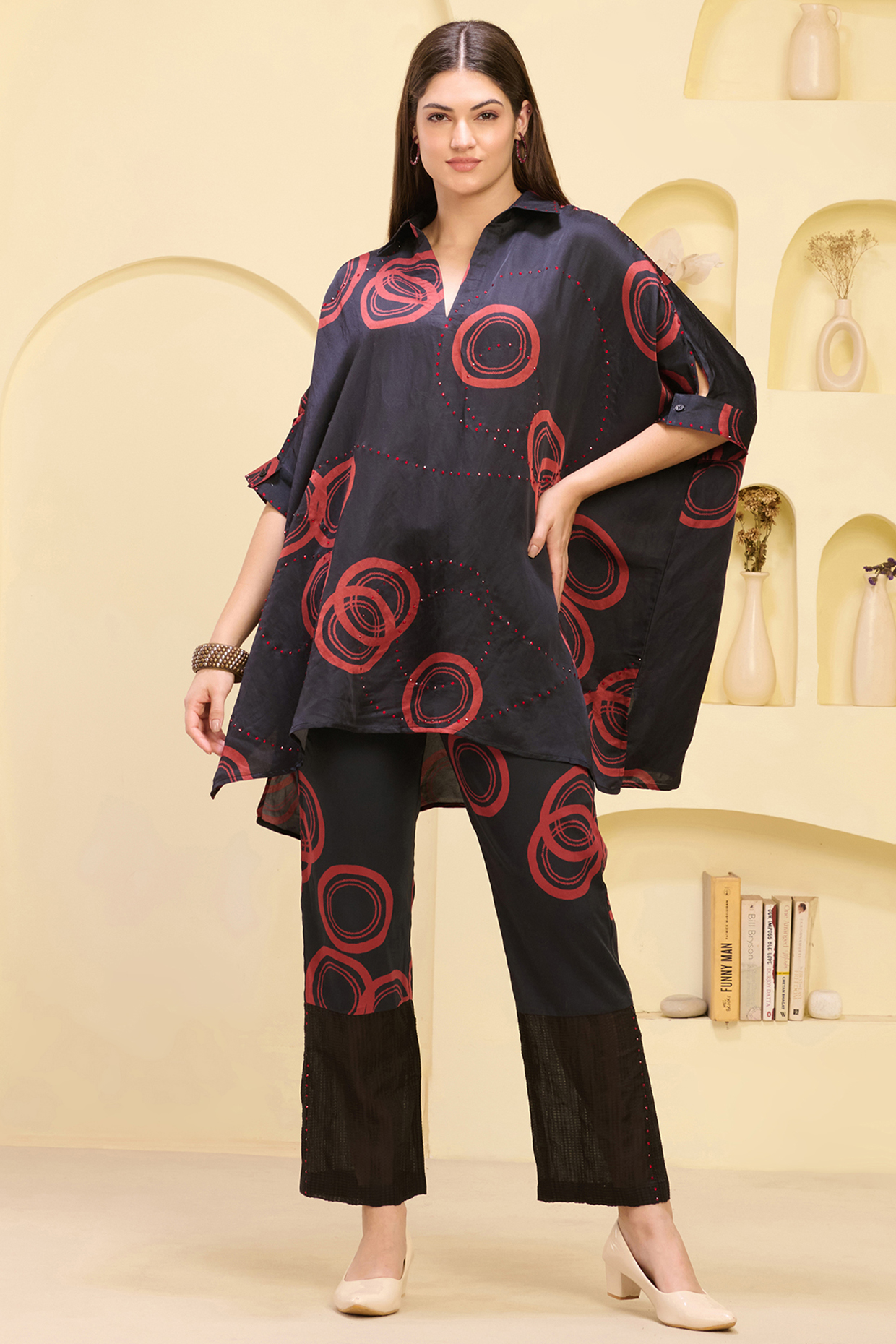 Black & Red Linen Satin Printed Co-Ord Set by First Resort by Ramola Bachchan at Pernia's Pop Up Shop