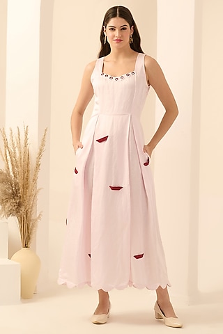 Blush Pink Linen Satin Boat Applique Maxi Dress by First Resort by Ramola Bachchan