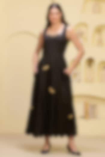 Black Linen Satin Boat Applique Maxi Summer Dress by First Resort by Ramola Bachchan at Pernia's Pop Up Shop