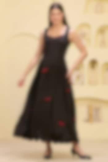 Black Linen Satin Boat Applique Maxi Summer Dress by First Resort by Ramola Bachchan at Pernia's Pop Up Shop