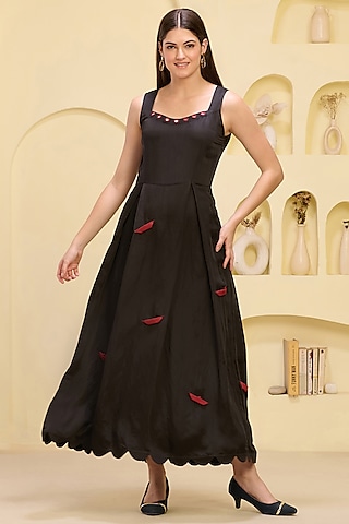 Black Linen Satin Boat Applique Maxi Dress by First Resort by Ramola Bachchan