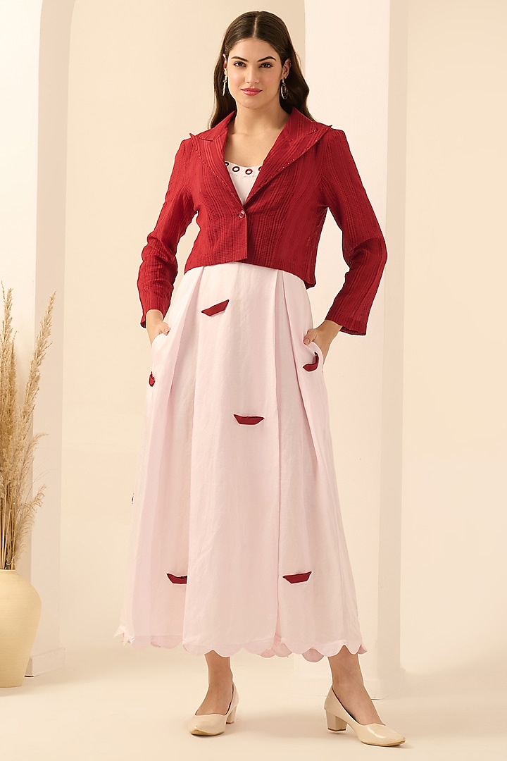 Blush Pink Linen Satin Boat Applique Maxi Summer Dress With Blazer by First Resort by Ramola Bachchan at Pernia's Pop Up Shop