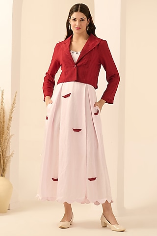 Blush Pink Linen Satin Boat Applique Maxi Dress With Blazer by First Resort by Ramola Bachchan