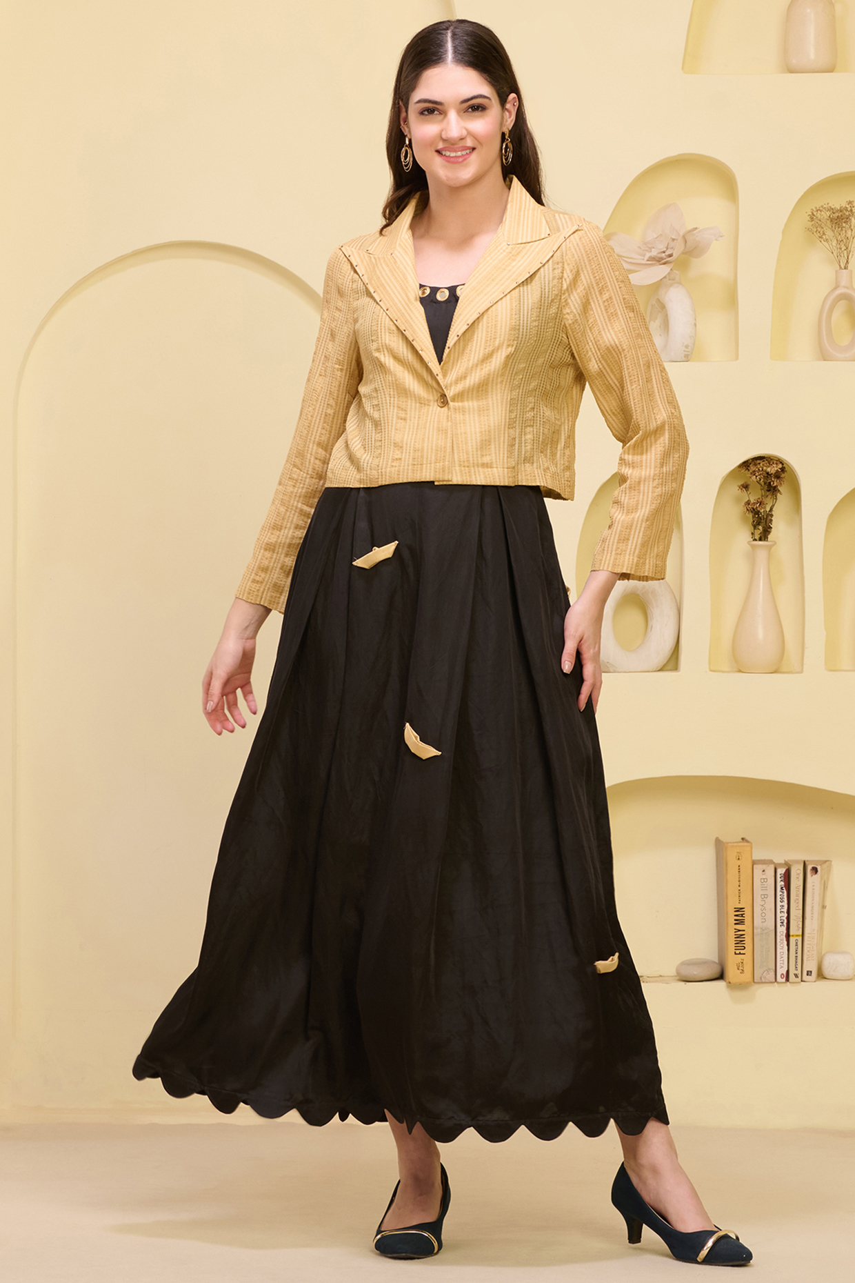 Black Linen Satin Boat Applique Maxi Summer Dress With Blazer by First Resort by Ramola Bachchan at Pernia's Pop Up Shop