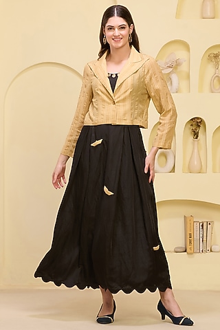 Black Linen Satin Boat Applique Maxi Dress With Blazer by First Resort by Ramola Bachchan