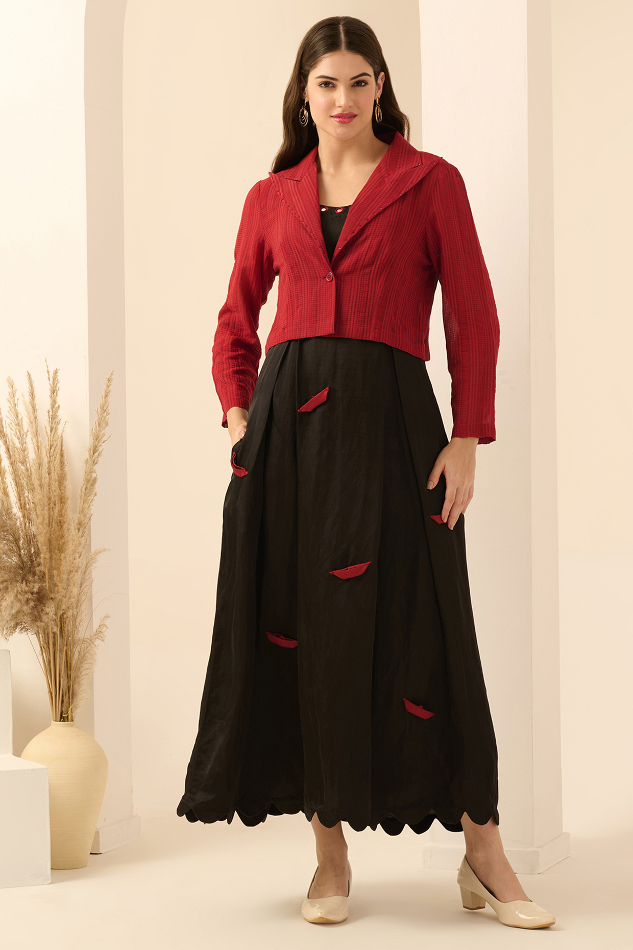 Black Linen Satin Boat Applique Maxi Summer Dress With Blazer by First Resort by Ramola Bachchan at Pernia's Pop Up Shop