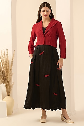 Black Linen Satin Boat Applique Maxi Dress With Blazer by First Resort by Ramola Bachchan
