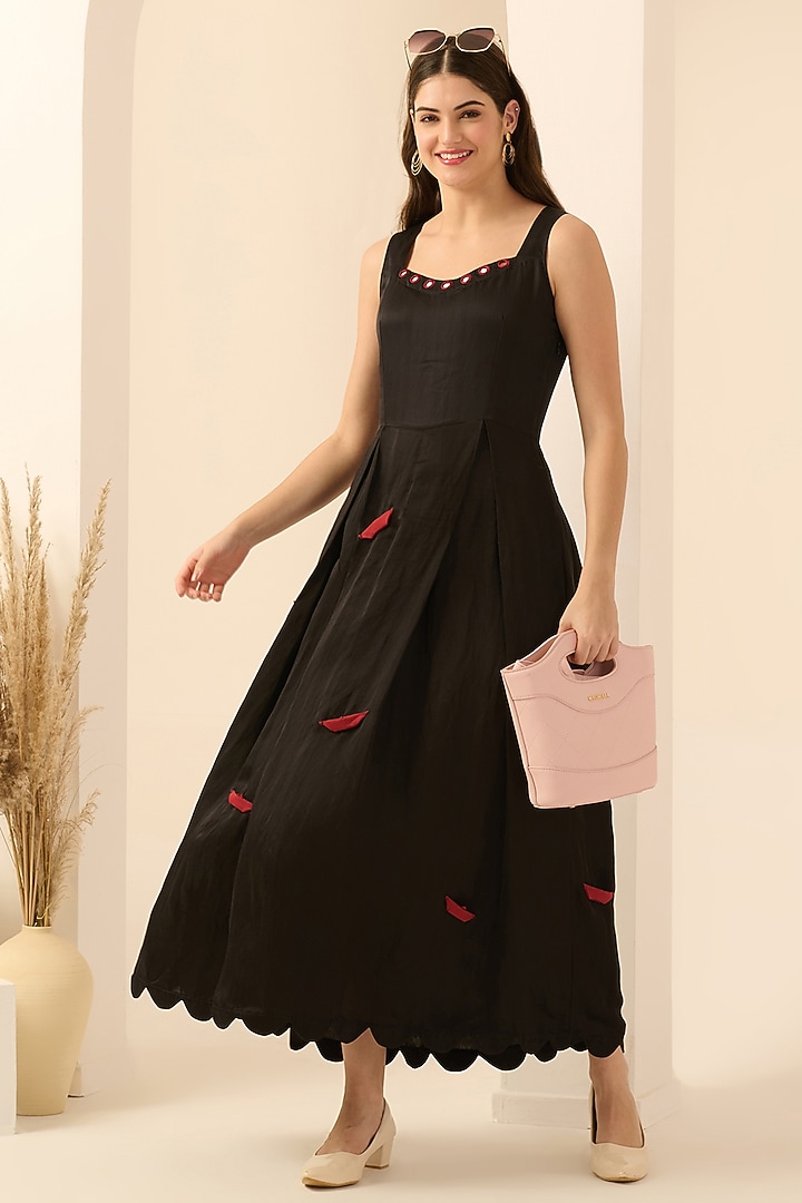 Black Linen Satin Boat Applique Maxi Summer Dress With Blazer by First Resort by Ramola Bachchan at Pernia's Pop Up Shop