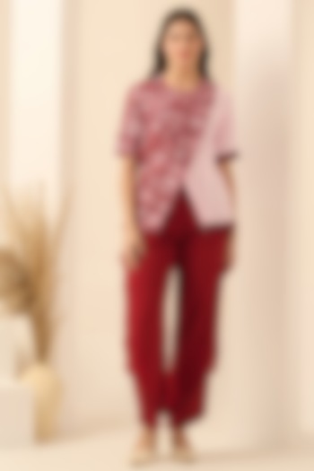 Blush Pink & Red Cotton Satin Thread Embroidered Co-Ord Set by First Resort by Ramola Bachchan at Pernia's Pop Up Shop