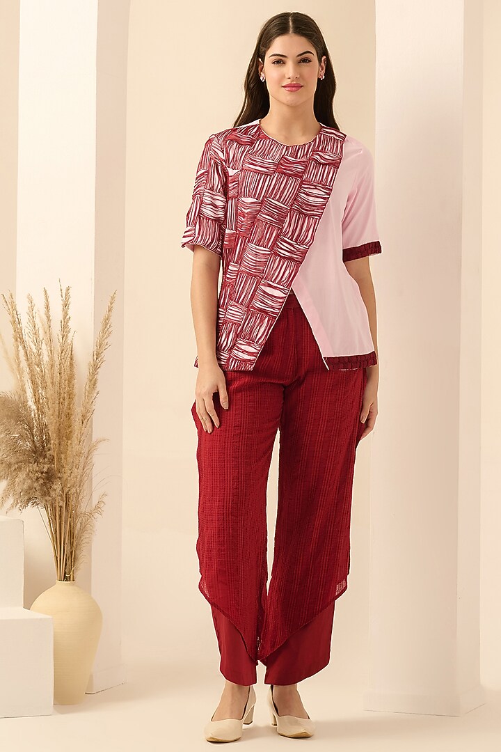 Blush Pink & Red Cotton Satin Thread Embroidered Co-Ord Set by First Resort by Ramola Bachchan at Pernia's Pop Up Shop