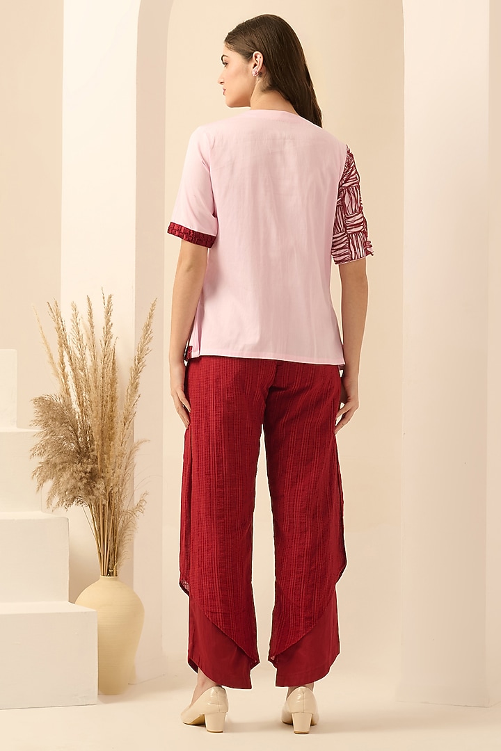 Blush Pink & Red Cotton Satin Thread Embroidered Co-Ord Set by First Resort by Ramola Bachchan at Pernia's Pop Up Shop