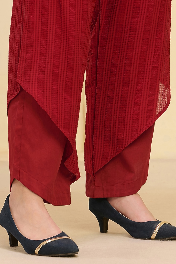 Blush Pink & Red Cotton Satin Thread Embroidered Co-Ord Set by First Resort by Ramola Bachchan at Pernia's Pop Up Shop