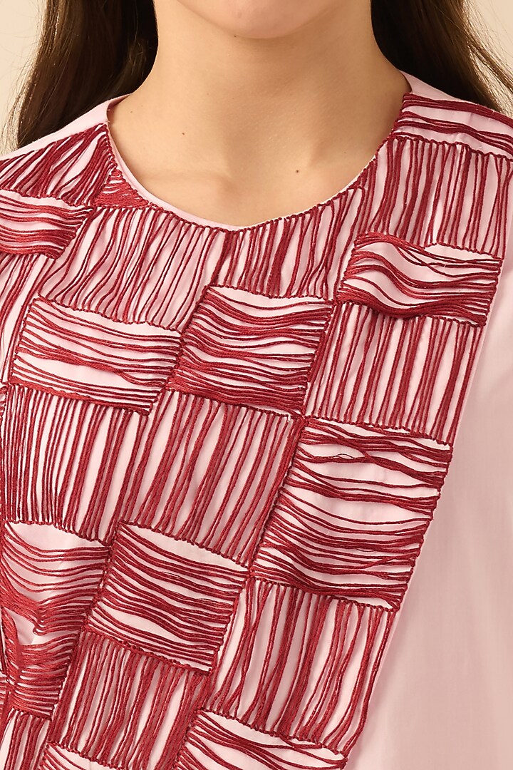 Blush Pink & Red Cotton Satin Thread Embroidered Co-Ord Set by First Resort by Ramola Bachchan at Pernia's Pop Up Shop