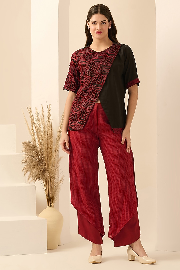 Black & Red Cotton Satin Thread Embroidered Co-Ord Set by First Resort by Ramola Bachchan at Pernia's Pop Up Shop