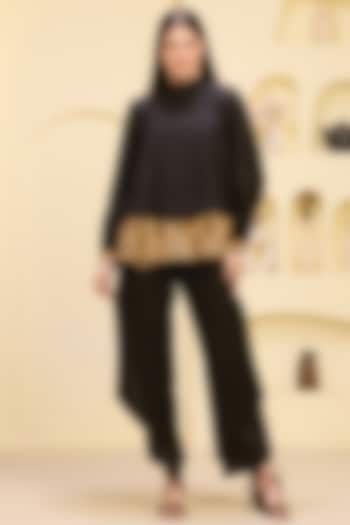 Black Cotton Satin Thread Embroidered Co-Ord Set by First Resort by Ramola Bachchan at Pernia's Pop Up Shop