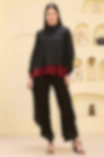 Black Cotton Satin Thread Embroidered Co-Ord Set by First Resort by Ramola Bachchan at Pernia's Pop Up Shop