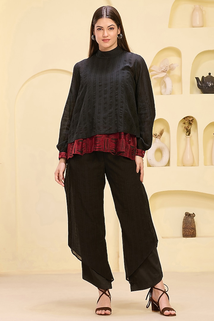 Black Cotton Satin Thread Embroidered Co-Ord Set by First Resort by Ramola Bachchan at Pernia's Pop Up Shop